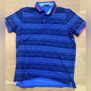 Greyson Men's Blue Bold Patterned Golf Polo Shirt with red trim XL EUC